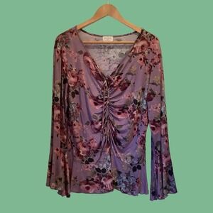 Free Kisses Purple Long Sleeve Womens Romantic Floral Print Top Sz 1X